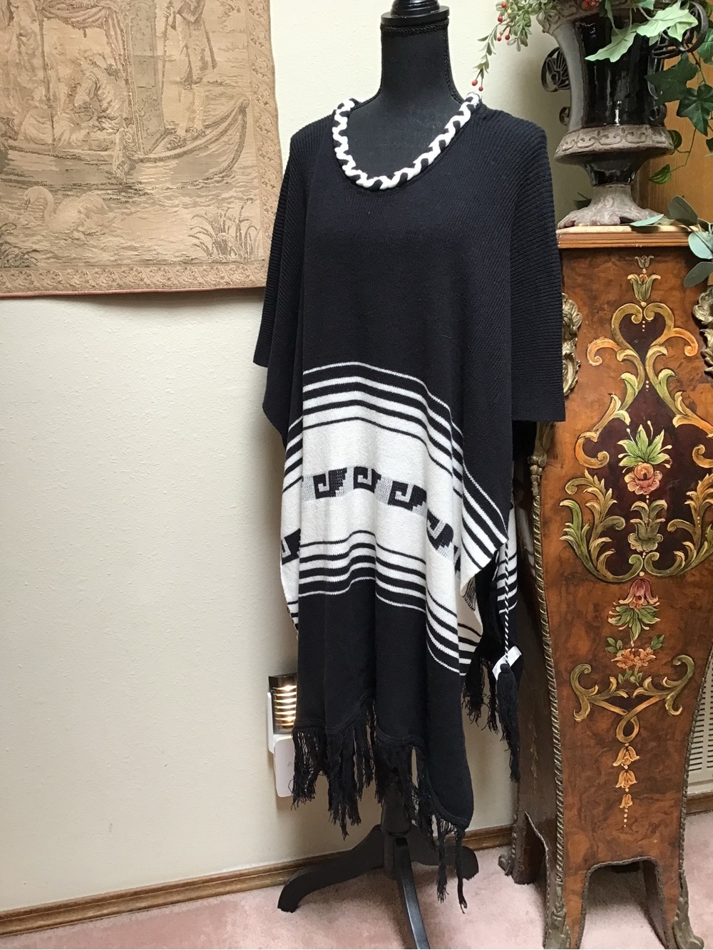 Wildfox Black and White Striped Fringe Poncho